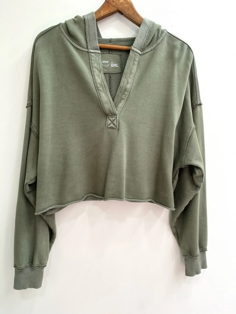 Aerie Cropped Open Neck Hoodie Sweatshirt Olive Sage Green Relaxed Casual Large - Picture 2 of 11